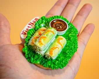 Hand-Painted Vietnamese Spring Roll Magnet, Cuisine Souvenir
