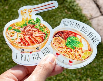 You're My Bun Bo Bae, I Fall For U | Vietnamese Food Inspired Stickers | Water-Resistant, Fun Cartoon Quotes Sticker,Water bottle Sticker