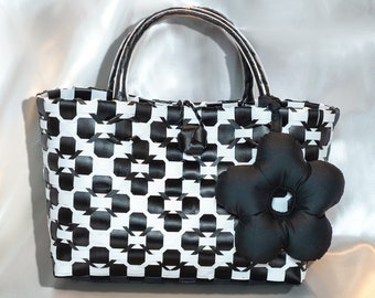 Black Woven Vietnamese Modern-style Handbag Perfect Handbag for Ao Dai’s Outfit + Comes With a Super Cute Puffy Matching Flower Accessory !