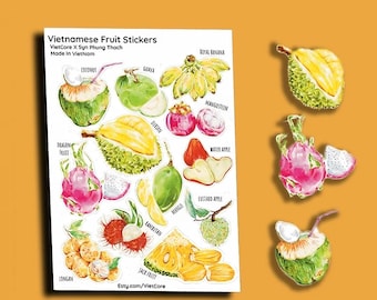 May include: A sheet of colorful stickers featuring illustrations of various Vietnamese fruits, including dragon fruit, durian, jackfruit, mango, rambutan, and coconut. The stickers are labeled with the English names of the fruits.
