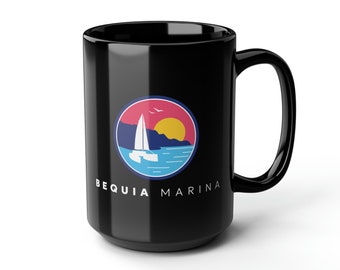 Bequia Marina Custom Design 15oz Black Mug for Tea and Coffee with Logo