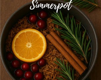 May include: A dark gray pot filled with ingredients for a simmer pot, including a sliced orange, cranberries, cinnamon sticks, and sprigs of rosemary. The text "Fresh Cedar and Pine Simmerpot" is written in white script.