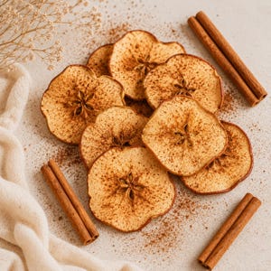 May include: A collection of dried apple slices dusted with brown cinnamon powder, arranged alongside three whole cinnamon sticks. The apple slices are round with a visible star-shaped core pattern, and the cinnamon sticks are long and cylindrical.