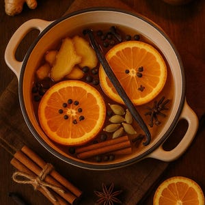 May include: A warm beverage in a cream-colored bowl, featuring orange slices studded with cloves, ginger, cinnamon sticks, star anise, and vanilla beans. A lit candle and a piece of ginger are also visible, suggesting a cozy, spiced drink.