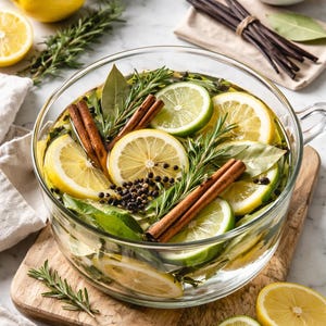 May include: A clear glass bowl filled with water, lemon and lime slices, rosemary sprigs, bay leaves, cinnamon sticks, and peppercorns. The bowl sits on a wooden cutting board, with additional lemons and limes nearby.