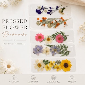 May include: Rectangular pressed flower bookmarks featuring real flowers in various colors. The bookmarks include text that reads "PRESSED FLOWER Bookmarks", "Real Flowers • Handmade", and other text. The bookmarks are a beautiful and thoughtful gift.