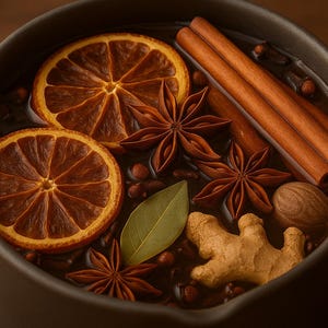 May include: A dark gray pot filled with a simmering liquid, featuring orange slices, star anise, cinnamon sticks, and ginger. The ingredients suggest a warm beverage or a spiced dish, with a focus on autumnal flavors.