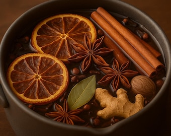 May include: A dark gray pot filled with a simmering liquid, featuring orange slices, star anise, cinnamon sticks, cloves, a bay leaf, a nutmeg, and ginger. The ingredients suggest a warm beverage or a spiced dish.