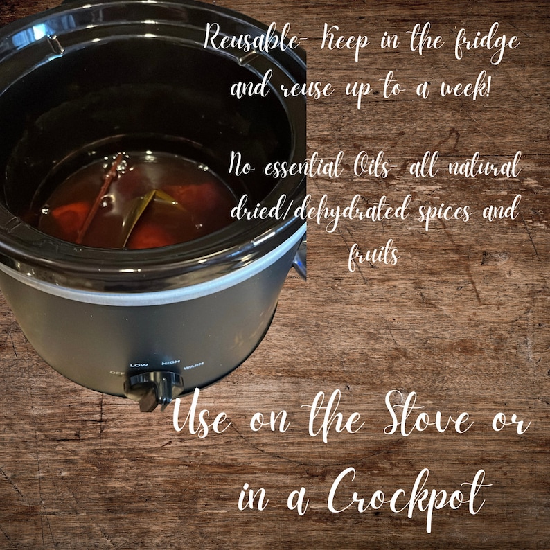 May include: A black slow cooker with a dark liquid inside, containing spices and fruits. Text on the image reads: "Reusable - keep in the fridge and reuse up to a week!" and "Use on the Stove or in a Crockpot."