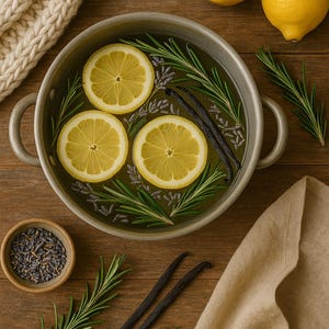 May include: A metal pot with three lemon slices, rosemary sprigs, and vanilla beans in liquid. Two whole lemons sit nearby. A small bowl of lavender and a beige cloth are also present on a wooden surface. A cream-colored knitted item is in the upper left corner.