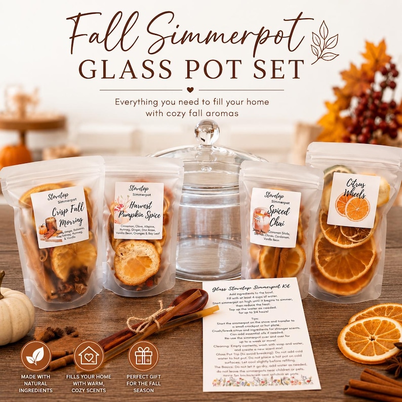 Glass Simmer Pot Gift Set | Stovetop Simmer Pot Kit | Natural Home Fragrance Gift | Citrus Simmer Pot Bundle | Cozy Housewarming Gift image 1