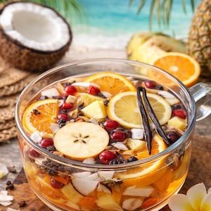 May include: A clear glass punch bowl filled with a tropical fruit punch. The punch contains orange slices, lemon slices, apple slices, cranberries, pineapple chunks, and coconut flakes. A vanilla bean pod is visible. A coconut half and pineapple are in the background.