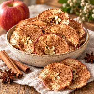 May include: A ceramic bowl filled with thin, round apple slices dusted with brown cinnamon powder. Beside the bowl are two whole cinnamon sticks and two star anise pods. A whole red apple sits in the background near the bowl of dried fruit.