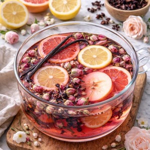 May include: A clear glass bowl filled with a pink beverage, grapefruit and lemon slices, rose buds, and vanilla beans. The bowl sits on a wooden cutting board, surrounded by fresh fruit, flowers, and a small wooden bowl of dried ingredients.