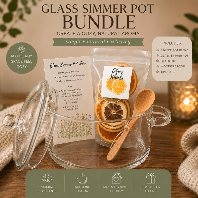 Glass Simmer Pot Gift Set | Stovetop Simmer Pot Kit | Natural Home Fragrance Gift | Citrus Simmer Pot Bundle | Cozy Housewarming Gift image 2
