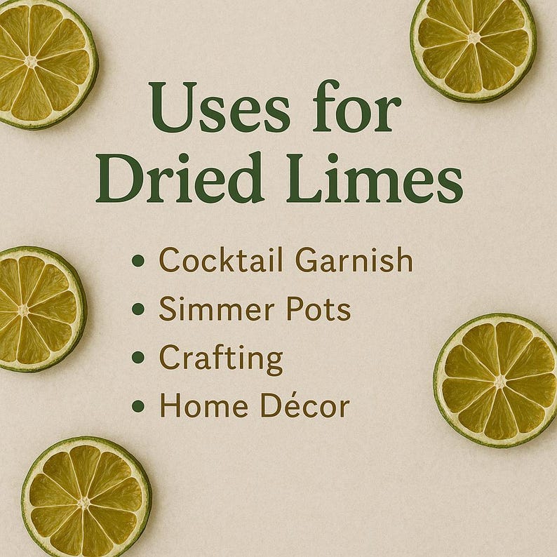 May include: Image showing the text "Uses for Dried Limes" with four uses: Cocktail Garnish, Simmer Pots, Crafting, and Home D&eacute;cor. Sliced dried limes are scattered around the text on a light beige background.