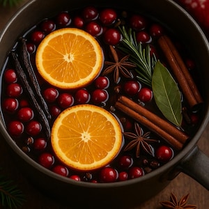 May include: A dark pot filled with mulled wine ingredients. Two orange slices, cranberries, cinnamon sticks, star anise, and rosemary float in the liquid. The pot sits on a wooden surface, with a sprig of pine in the corner.