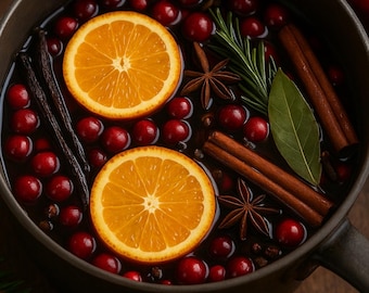 May include: A dark pot filled with mulled wine ingredients. Two orange slices, cranberries, cinnamon sticks, star anise, and rosemary float in the liquid. The pot sits on a wooden surface, with a sprig of pine in the corner.