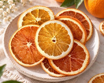May include: A collection of dehydrated citrus slices arranged on a speckled ceramic plate. The slices vary in color from bright yellow-orange to deep reddish-orange, showcasing the translucent, fibrous texture of dried orange and grapefruit segments.