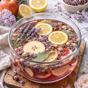 May include: A clear glass bowl filled with a pink-hued beverage, garnished with lemon slices, apple slices, lavender sprigs, and rose petals. A wooden cutting board and fresh fruit surround the bowl, creating a refreshing and aromatic display.