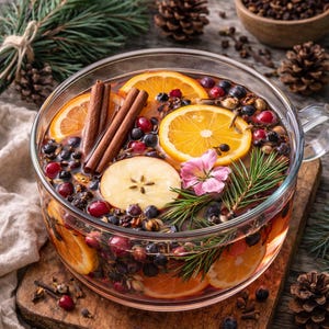 May include: A clear glass bowl filled with a festive drink, featuring orange slices, cinnamon sticks, berries, and apple slices. The drink is garnished with a sprig of greenery and a pink flower. The bowl sits on a wooden cutting board.
