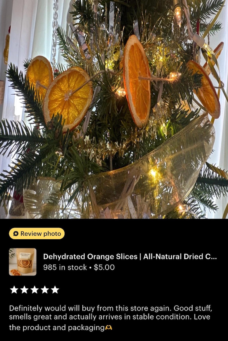 Pode incluir: Uma guirlanda de fatias de laranja desidratadas em um barbante, exibida como decora&ccedil;&atilde;o em uma &aacute;rvore de Natal verde com fita dourada e luzes brancas quentes. As fatias de laranja circulares e transl&uacute;cidas est&atilde;o dispostas entre os ramos.