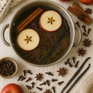 May include: A top-down shot of a pot of apple cider with sliced apples, cinnamon sticks, star anise, cloves, and vanilla beans. Red apples and a small bowl of cloves are arranged around the pot. A cozy, cream-colored knit blanket is in the background.