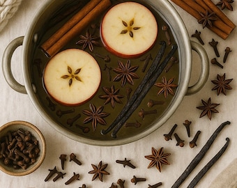 May include: A top-down shot of a pot of simmering liquid with apple slices, cinnamon sticks, star anise, cloves, and vanilla beans. Red apples and a small bowl of cloves are arranged around the pot. A cream-colored knitted item is in the upper left corner.