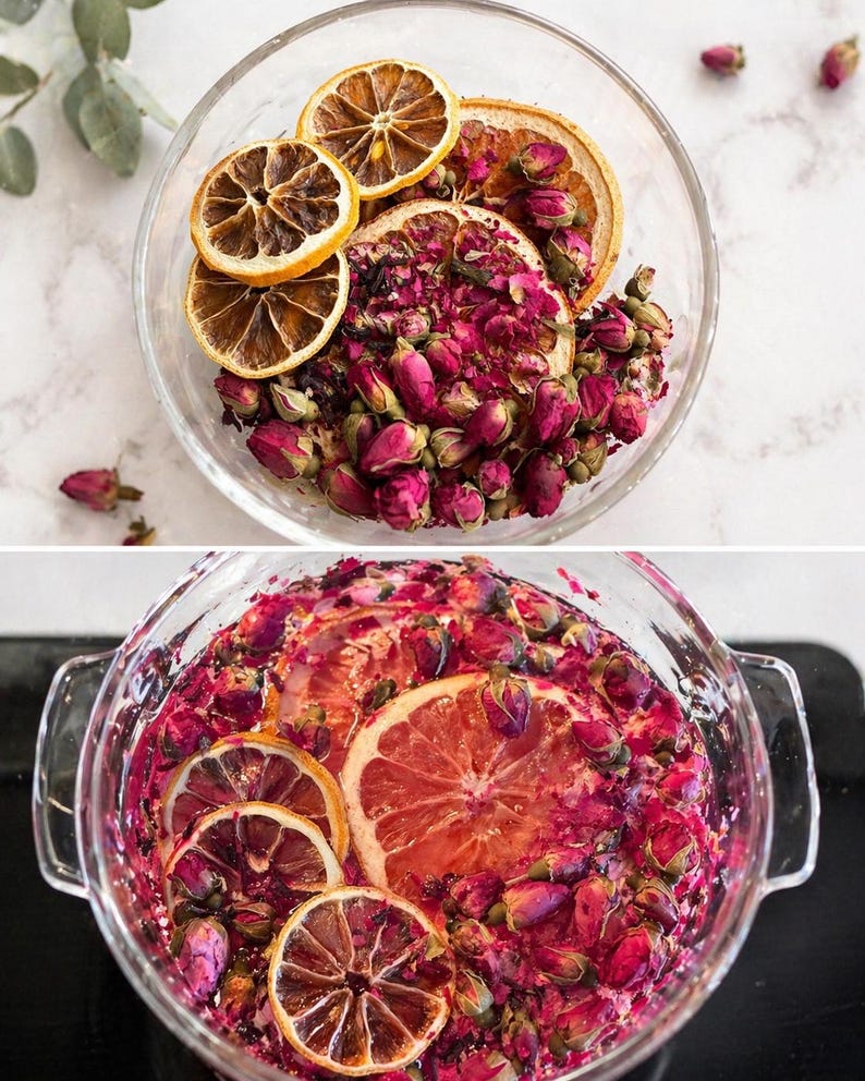 May include: A clear glass bowl containing a mixture of dried pink rosebuds and dehydrated orange slices. The top section shows the dry ingredients, while the bottom section shows the same ingredients submerged in a clear liquid, creating a vibrant infusion.
