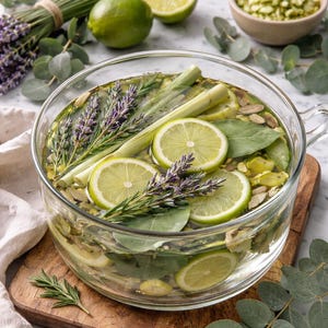 May include: A clear glass bowl filled with a refreshing beverage, featuring lime slices, lavender sprigs, and green herbs. The bowl sits on a wooden cutting board, with additional limes and lavender nearby. A healthy drink.