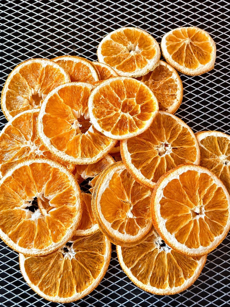 Pode incluir: Uma cole&ccedil;&atilde;o de fatias de laranja desidratadas dispostas em grupo. Cada fatia apresenta uma polpa laranja vibrante com um padr&atilde;o radial de segmentos vis&iacute;vel e uma casca fina de cor clara. A textura da fruta parece seca e firme.