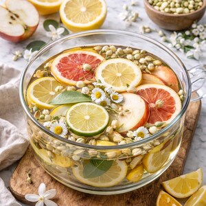 May include: A clear glass bowl filled with a refreshing beverage, featuring sliced lemons, limes, grapefruit, and apple. Garnished with chamomile flowers and seeds. The bowl sits on a wooden cutting board, with additional fruit and a small wooden bowl in the background.