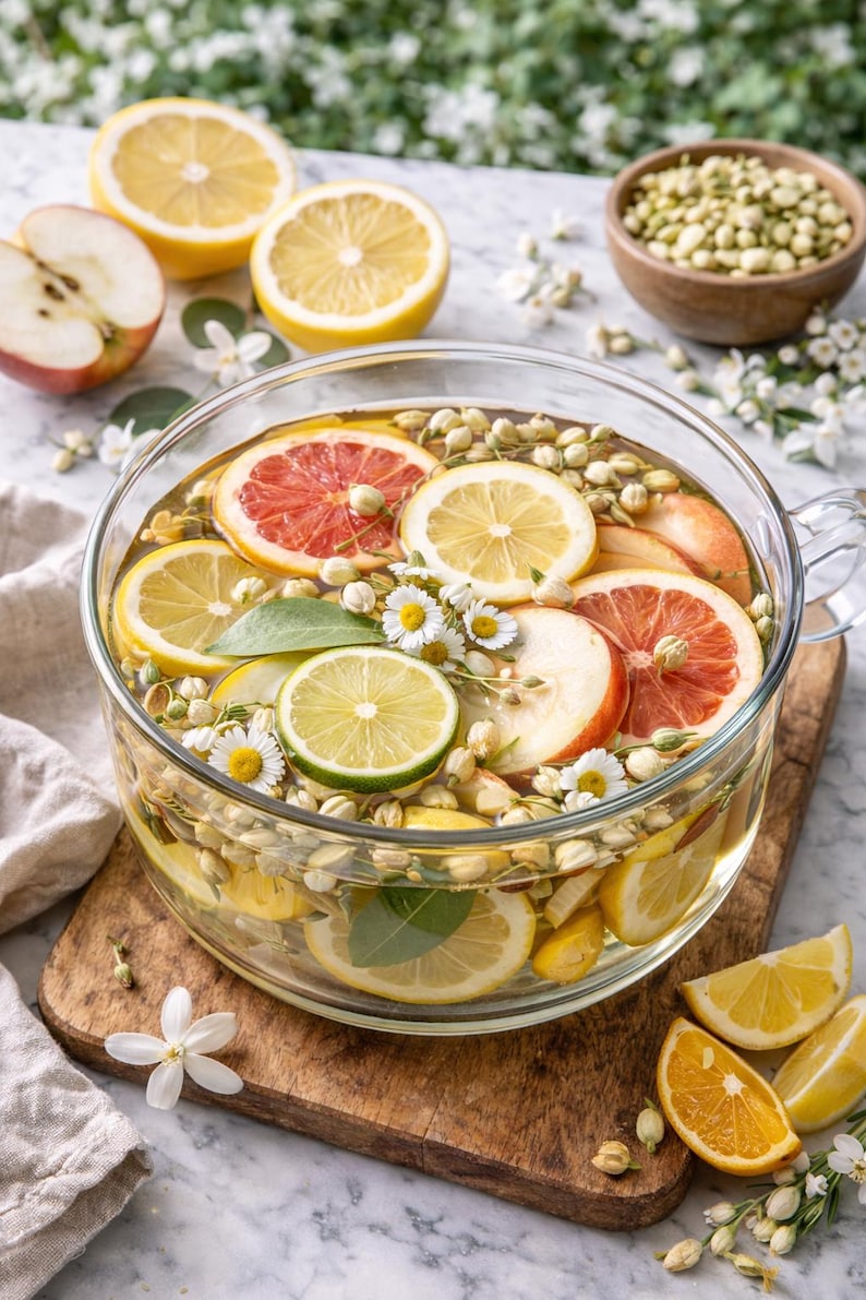 May include: A glass bowl containing a refreshing drink with slices of lemon, lime, grapefruit, and apple. Garnished with chamomile flowers and seeds. The bowl is on a wooden board, with more fruit and a small wooden bowl in the background.