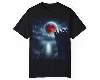 Loup hurlant à la lune cramoisie T-shirt Phase de lune Tee-shirt ciel de minuit Cadeau pour amoureux de la nature Chemise lunaire Cadeau pleine lune Cadeau pour amoureux de la lune