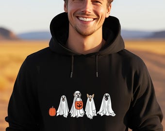 May include: Black hoodie featuring a Halloween design. The graphic shows four dogs dressed as ghosts, a pumpkin, and a jack-o'-lantern. The hoodie is made of a soft, comfortable material.