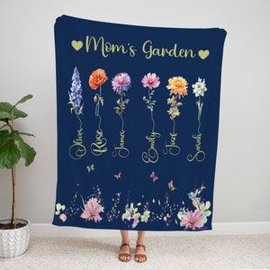 Custom Mom&#39;s Garden Blanket, Mother&#39;s Day Gift, Personalized Birth flower Blanket With Kids Names, Grandmas Garden Blanket with Grandkids,