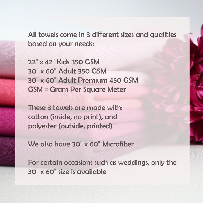 May include: A stack of folded towels in shades of pink and purple. Text on a white background details towel sizes: 22" x 42" Kids, 30" x 60" Adult, and 30" x 60" Adult Premium. The towels are made of cotton and polyester.
