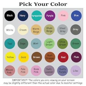 May include: A chart with 30 color swatches, each with a name label. The colors include black, navy, turquoise, purple, pink, blue, white, cream, warm beige, khaki beige, steel grey, grey, teal, sage, mint, light green, olive green, green, yellow, gold, brown, rust orange, red, plum, mauve pink, pale pink, rose pink, dusty lavender, dusty purple, and lilac.