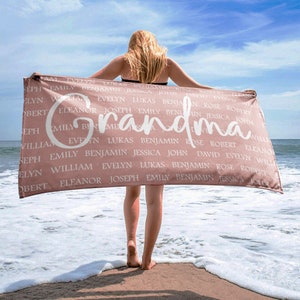 Custom Mothers Day Beach Towel, Child Name Towel, Grandma Personalized Beach Towel, Mothers Day Gift, Summer Gift, Mothers Day Gift,