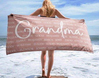 Custom Mothers Day Beach Towel, Child Name Towel, Grandma Personalized Beach Towel, Mothers Day Gift, Summer Gift, Mothers Day Gift,