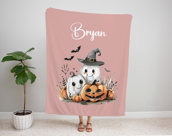 Personalized Halloween Blanket, Cute Ghost Pumpkin Throw, Fall Decor