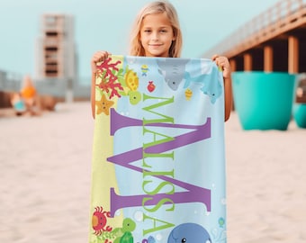 Personalized Kids Beach Towel, Ocean Print, Custom Name