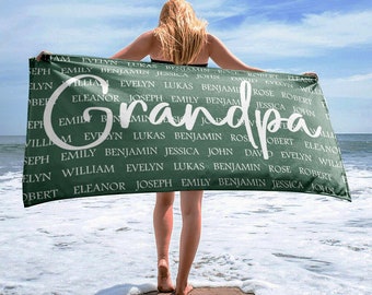 Custom Fathers Day Beach Towel, Child Name Towel, Grandpa Personalized Beach Towel, Father Day Gift, Summer Gift,  Gift for DAD,