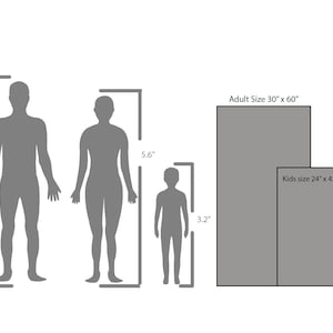 May include: Diagram showing the size of two yoga mats, one for adults measuring 30 inches by 60 inches and one for kids measuring 24 inches by 42 inches. The mats are shown next to silhouettes of people of different heights.