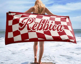 Personalized CHECKER Pattern in Retro style Beach towel with Name, Custom beach towel gift, Outside Birthday Vacation Gift
