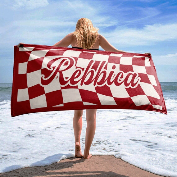 Personalized CHECKER Pattern in Retro style Beach towel with Name, Custom beach towel gift, Outside Birthday Vacation Gift