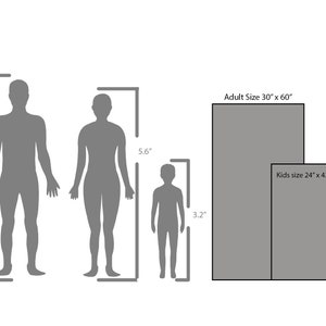 May include: A diagram showing human silhouettes with height measurements in inches: 5.10", 5.6", and 3.2". Rectangular shapes indicate adult and kids sizes: 30" x 60" and 24" x 42".