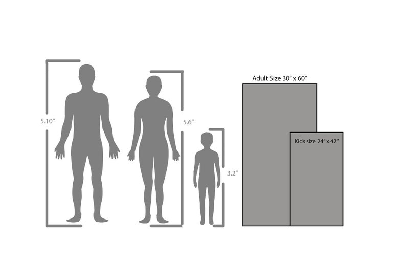May include: A diagram showing human silhouettes with height measurements in inches: 5.10", 5.6", and 3.2". Rectangular shapes indicate adult and kids sizes: 30" x 60" and 24" x 42".