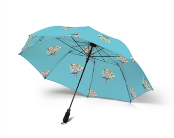 Blue Floral Bouquet Umbrella, Personalized, Foldable Compact Rain Umbrella, Travel, Work, School, Birthday gift, Wedding gift, Outside Use