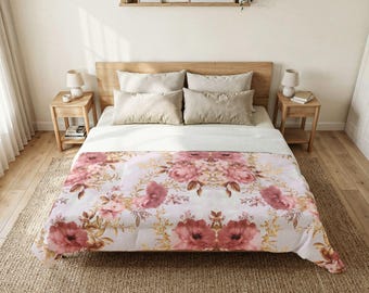 Vintage Pink Rose Floral Comforter,Cottagecore Bedding, Romantic Botanical Pattern, Home decor, Home gift, Bedroom, Wedding gift, Birthday